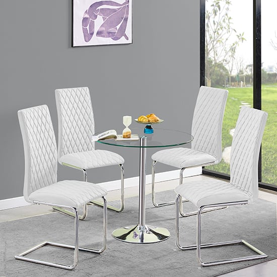 Read more about Dante round clear glass dining table with 4 ronn white chairs
