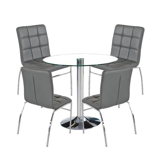 Product photograph of Dante Round Glass Dining Set With 4 Grey Pu Leather Coco Chairs from Furniture in Fashion