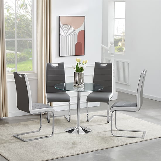 Read more about Dante round glass dining table with 4 petra grey white chairs