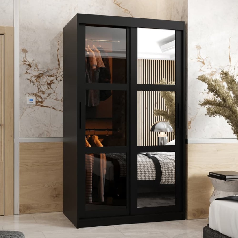 danville small mirrored wardrobe with 2 sliding doors in black