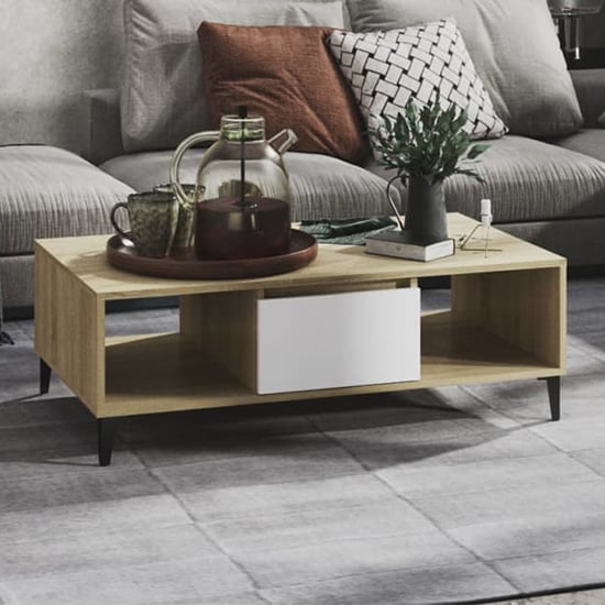 Product photograph of Danya Rectangular Wooden Coffee Table In White And Sonoma Oak from Furniture in Fashion