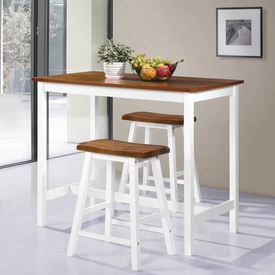 Photo of Darla wooden bar table with 2 bar stools in brown and white
