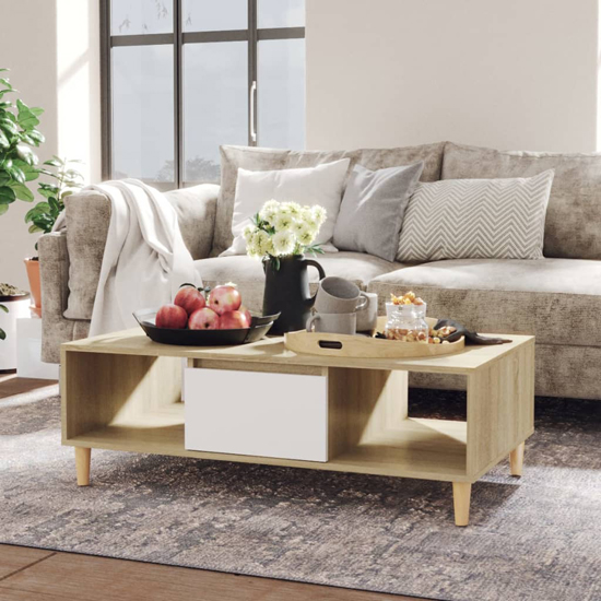 Product photograph of Dastan Wooden Coffee Table With 1 Door In White And Sonoma Oak from Furniture in Fashion