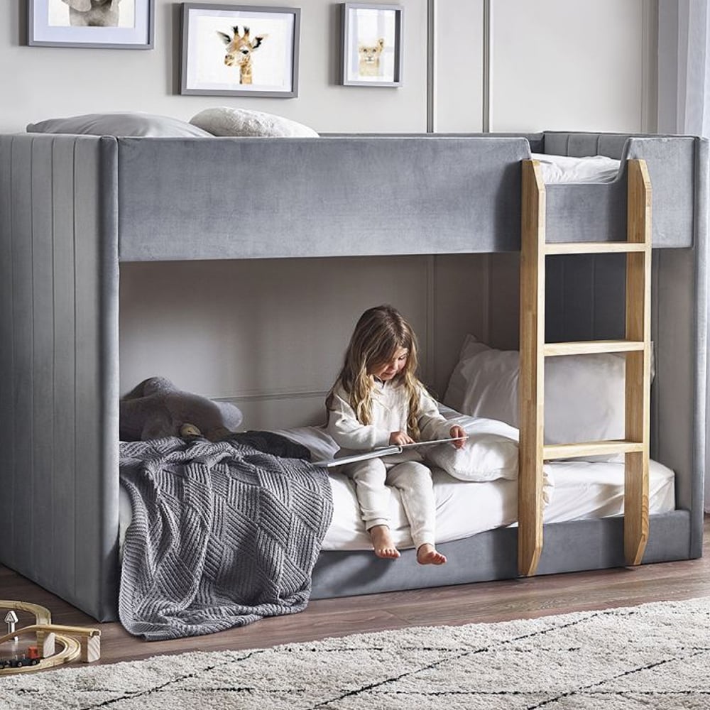 Davis Velvet Children Bunk Bed With Small Ladder In Grey