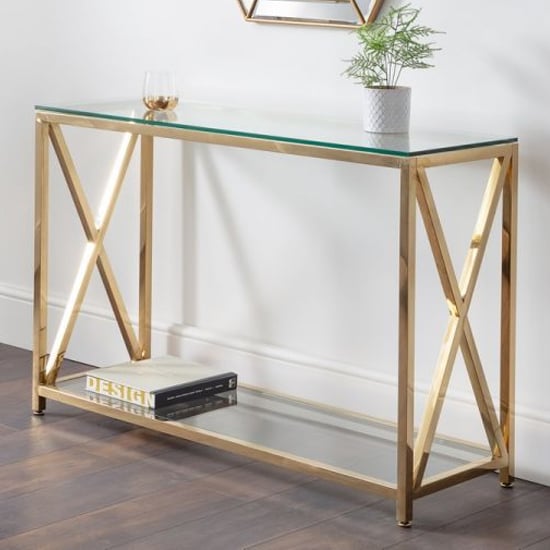 Read more about Maemi glass console table with gold stainless steel frame