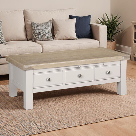 Product photograph of Dawson Wooden Coffee Table With 3 Drawers In Taupe from Furniture in Fashion