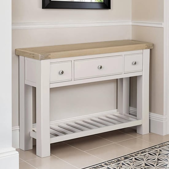 Product photograph of Dawson Wooden Console Table With 3 Drawers In Taupe from Furniture in Fashion