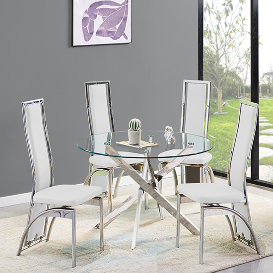Read more about Daytona round glass dining table with 4 chicago white chairs