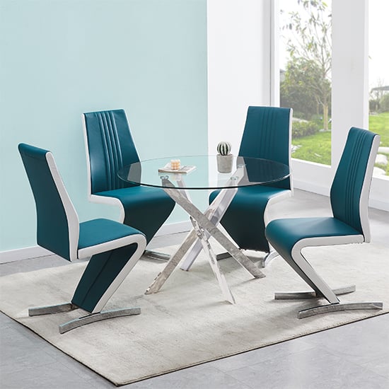 Read more about Daytona round glass dining table with 4 gia teal white chairs