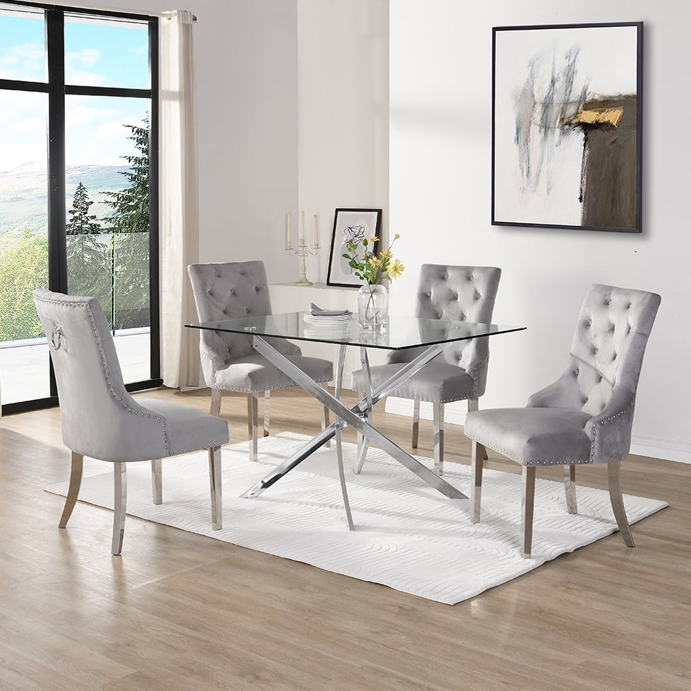 Daytona Large Clear Glass Dining Table 4 Imperial Grey Chairs