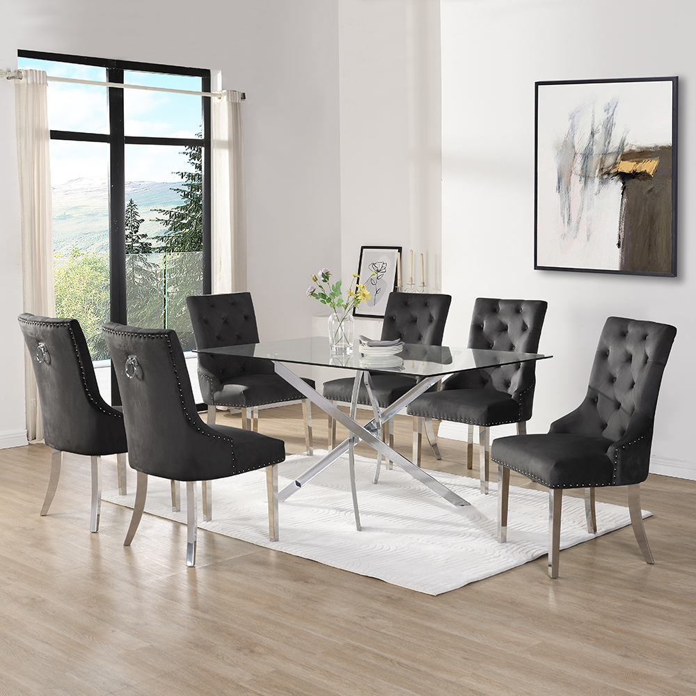 Daytona Large Clear Glass Dining Table 6 Imperial Black Chairs