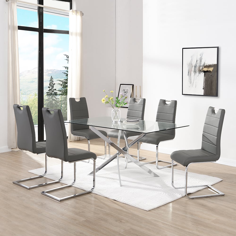 Product photograph of Daytona Large Glass Dining Table With 6 Petra Grey Chairs from Furniture in Fashion