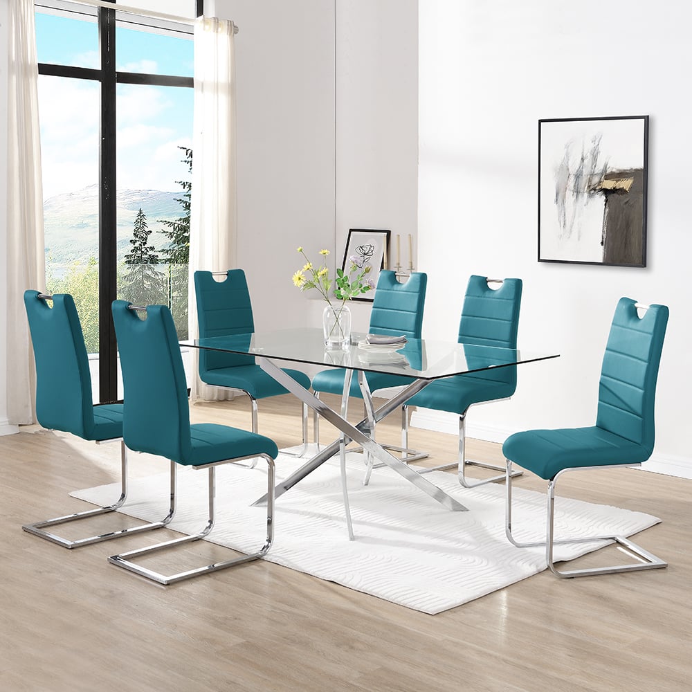 Product photograph of Daytona Large Glass Dining Table With 6 Petra Teal Chairs from Furniture in Fashion