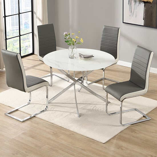 Product photograph of Daytona Round Diva Glass Dining Table 4 Symphony Grey White Chairs from Furniture in Fashion