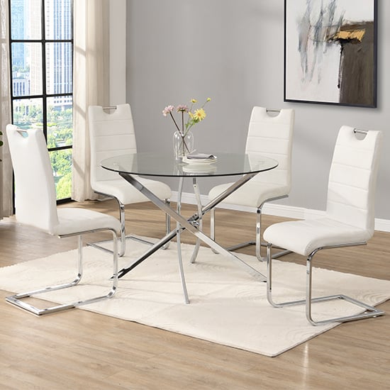 Product photograph of Daytona Round Glass Dining Table With 4 Petra White Chairs from Furniture in Fashion
