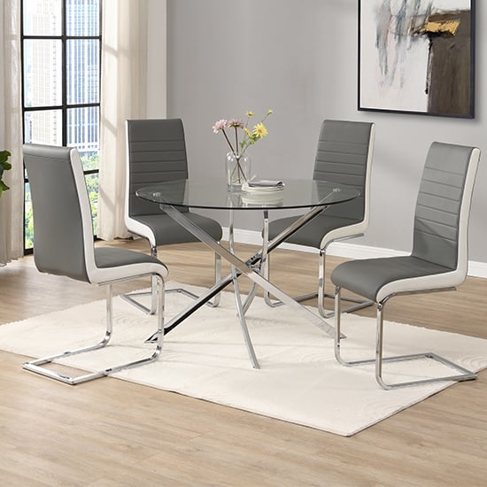 Product photograph of Daytona Round Glass Dining Table With 4 Symphony Grey White Chairs from Furniture in Fashion