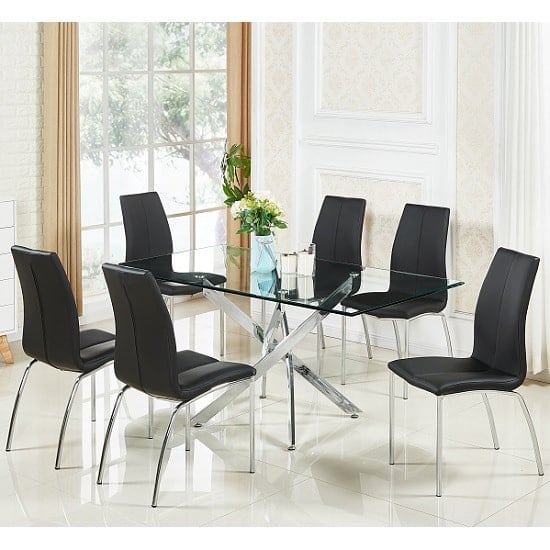 Product photograph of Daytona Large Clear Glass Dining Table With 6 Opal Black Chairs from Furniture in Fashion