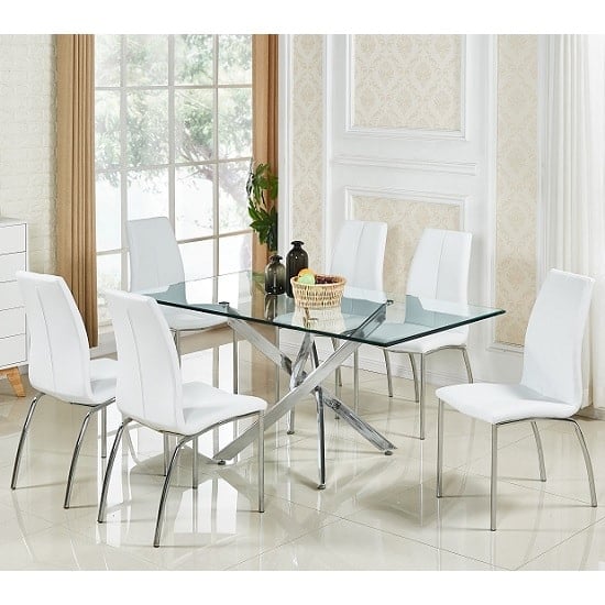 Product photograph of Daytona Large Clear Glass Dining Table With 6 Opal White Chairs from Furniture in Fashion