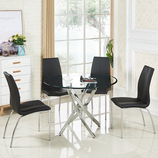 Product photograph of Daytona Round Clear Glass Dining Table With 4 Opal Black Chairs from Furniture in Fashion