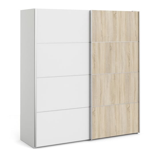 Read more about Dcap wooden sliding doors wardrobe in white oak with 5 shelves