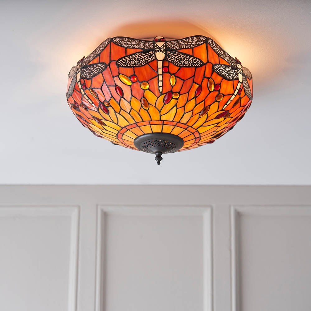 Read more about Dearborn tiffany glass flush ceiling light in orange and red