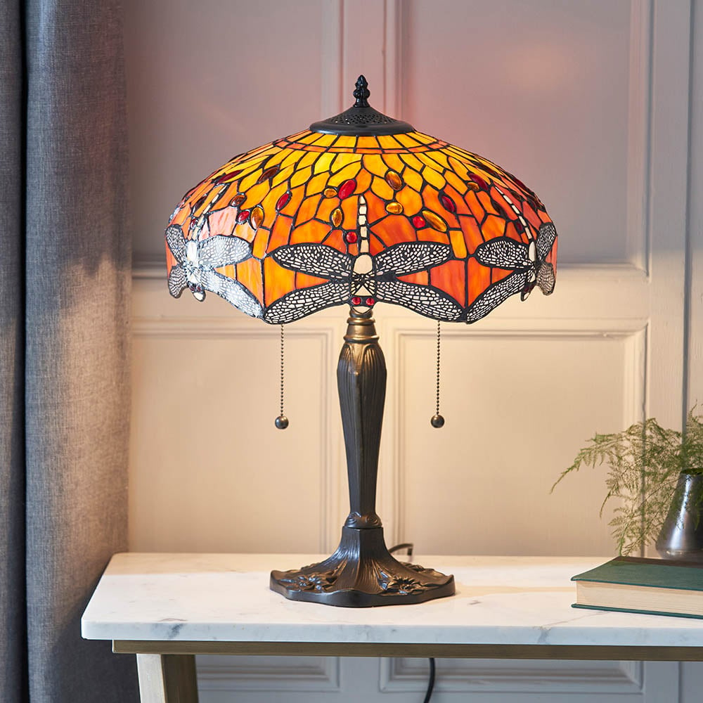 Product photograph of Dearborn Tiffany Glass Table Lamp In Orange And Red from Furniture in Fashion