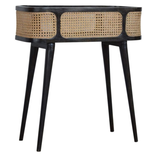 Debby Wooden Tray Side Table In Ash Black With Rattan Top Furniture