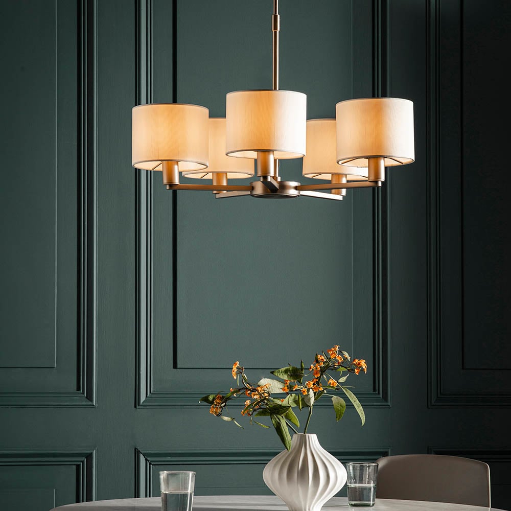 Product photograph of Deland 5 Lights Silk Shades Pendant Ceiling Light In Matt Nickel from Furniture in Fashion