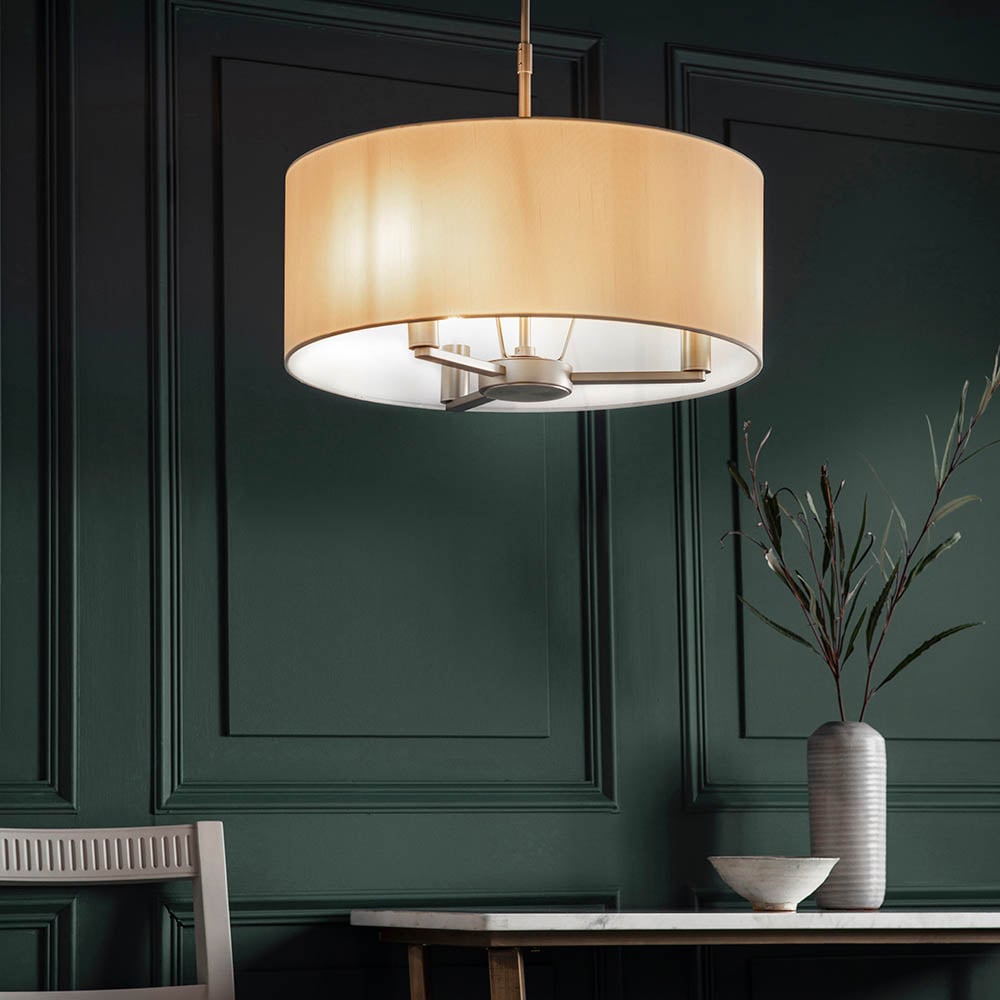 Read more about Deland round white shade pendant ceiling light in matt nickel