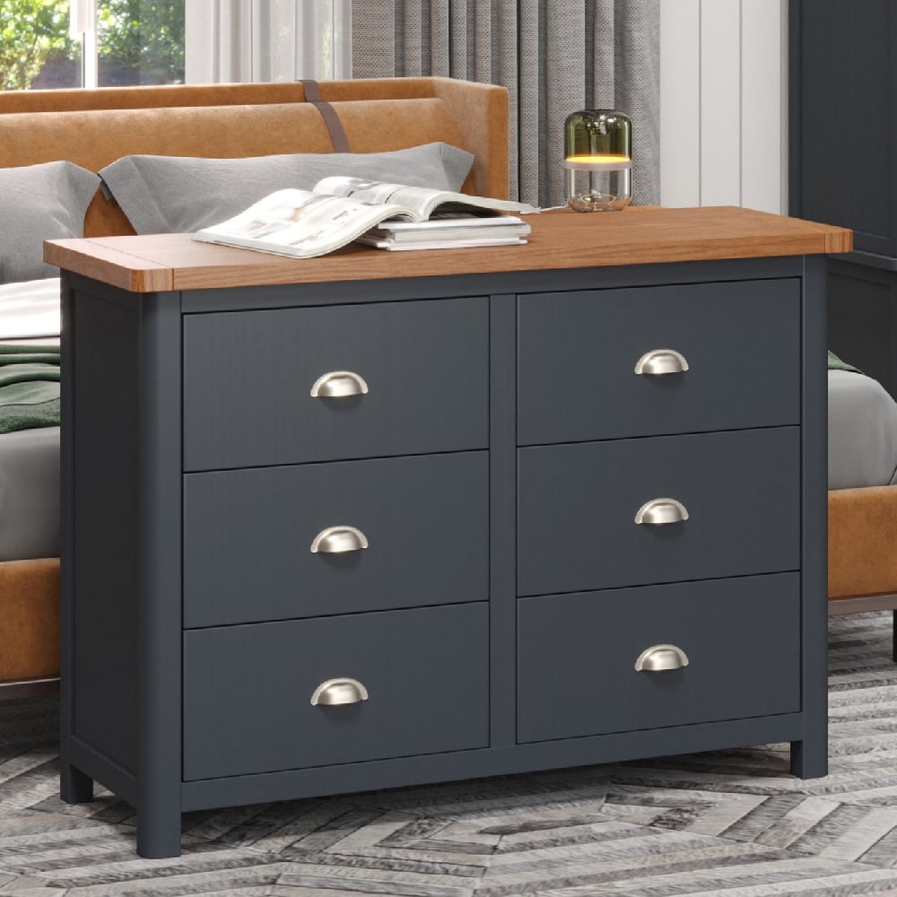 delavan wooden chest of 6 drawers in oak and black