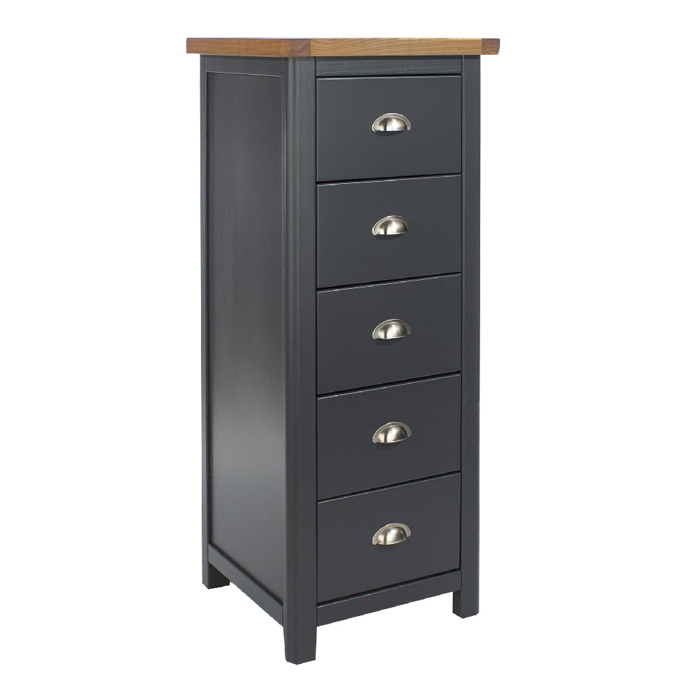 delavan wooden narrow chest of 5 drawers in oak and black