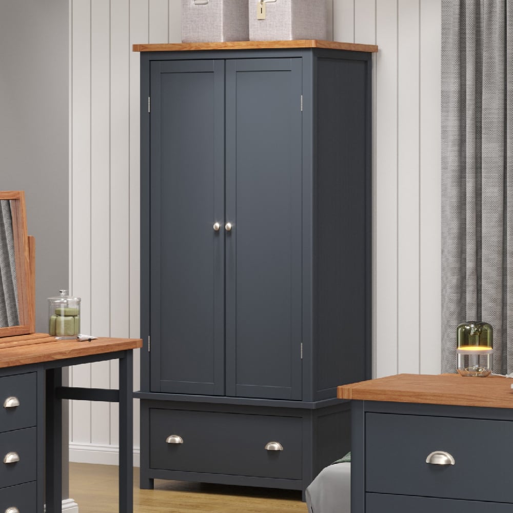 delavan wooden wardrobe with 2 doors 1 drawer in oak and black