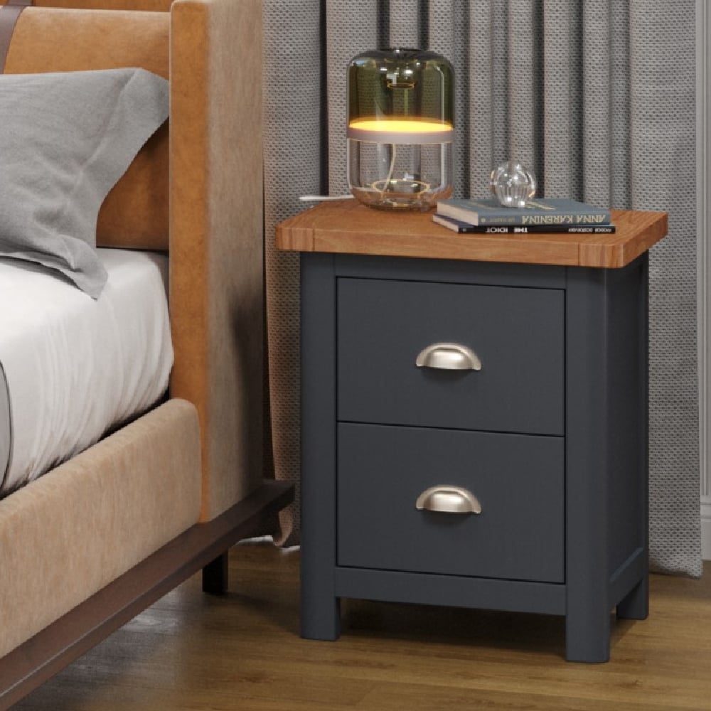 delavan wooden wide bedside cabinet with 2 drawers in oak black