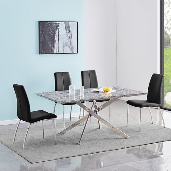 Read more about Deltino melange marble effect dining table 4 opal black chairs