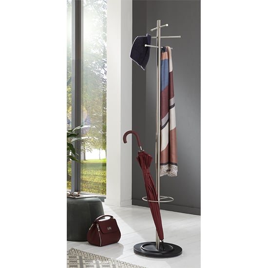 Product photograph of Denis Metal 6 Hooks Coat Stand In Chrome With Black Base from Furniture in Fashion