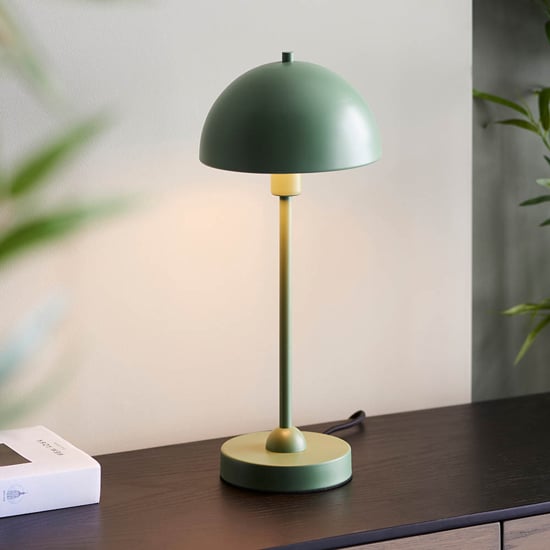 Product photograph of Denver Gloss White Inner Shade Table Lamp In Matt Myrtle Green from Furniture in Fashion