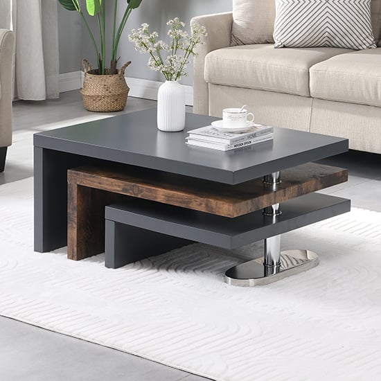 Product photograph of Design Rotating High Gloss Coffee Table In Grey And Rustic Oak from Furniture in Fashion