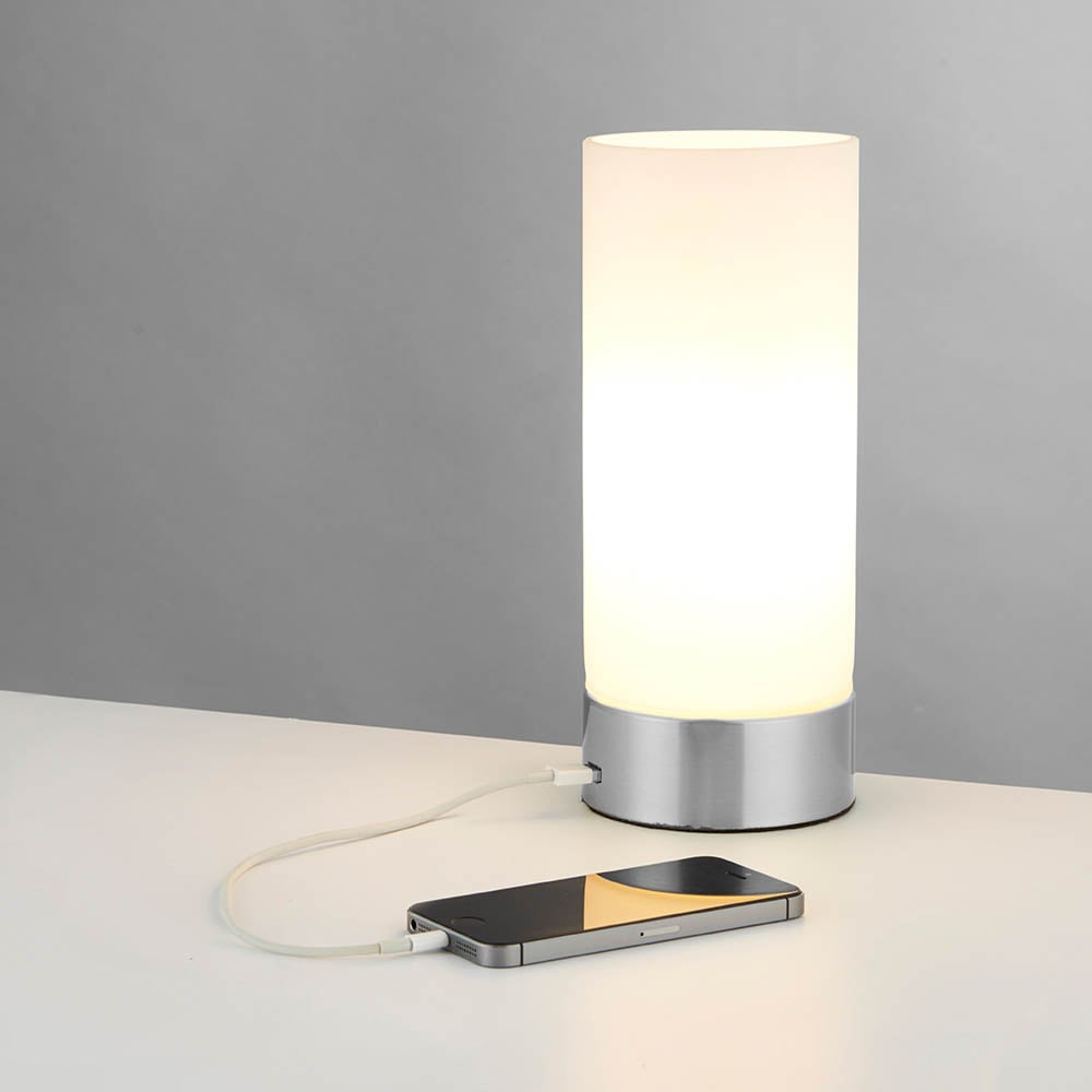 Product photograph of Destin Opal Glass Cylindrical Shade Usb Table Lamp In Chrome from Furniture in Fashion