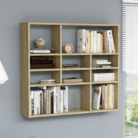 Photo of Deus wooden wall shelf with 10 compartments in sonoma oak