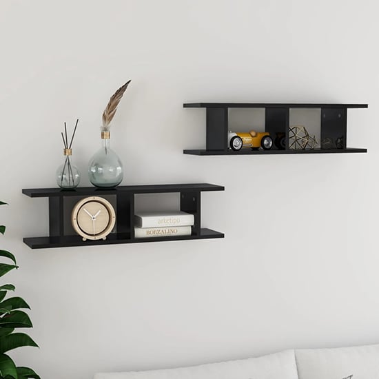 Product photograph of Devlin Set Of 2 High Gloss Wall Shelf In Black from Furniture in Fashion