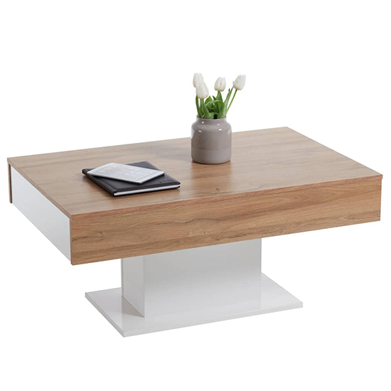 Product photograph of Dewei High Gloss Coffee Table In White And Antique Oak from Furniture in Fashion