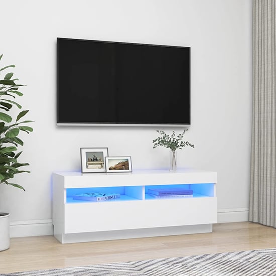 Product photograph of Dezso Wooden Tv Stand In White With Led Lights from Furniture in Fashion