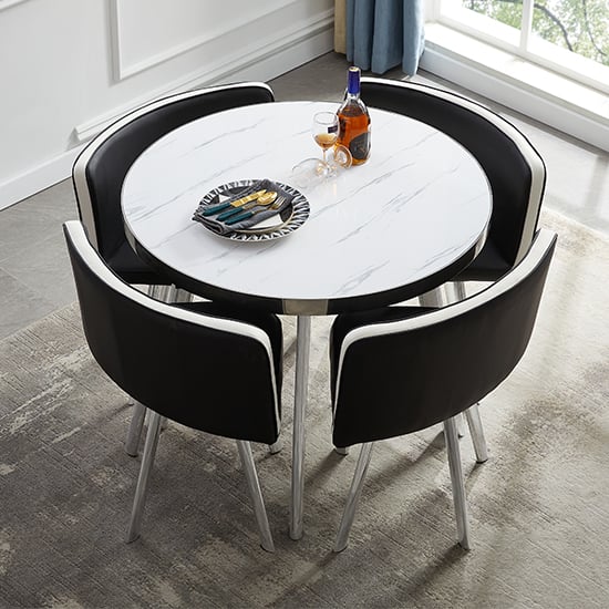 Product photograph of Diego High Gloss Dining Table In Vida Marble Effect 4 Chairs from Furniture in Fashion