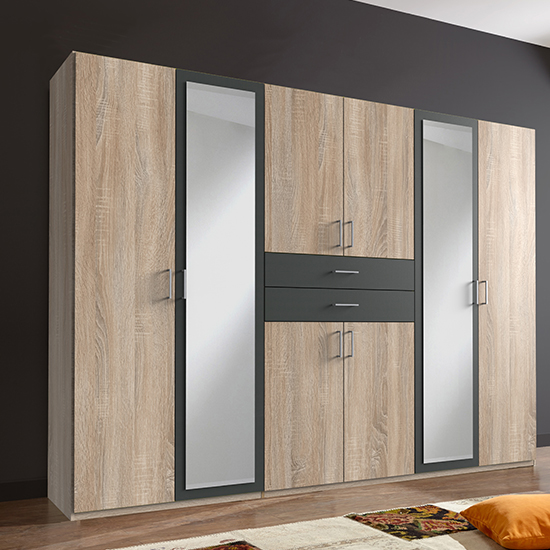 Product photograph of Diver Mirrored Wooden Wide Wardrobe In Oak And Graphite from Furniture in Fashion