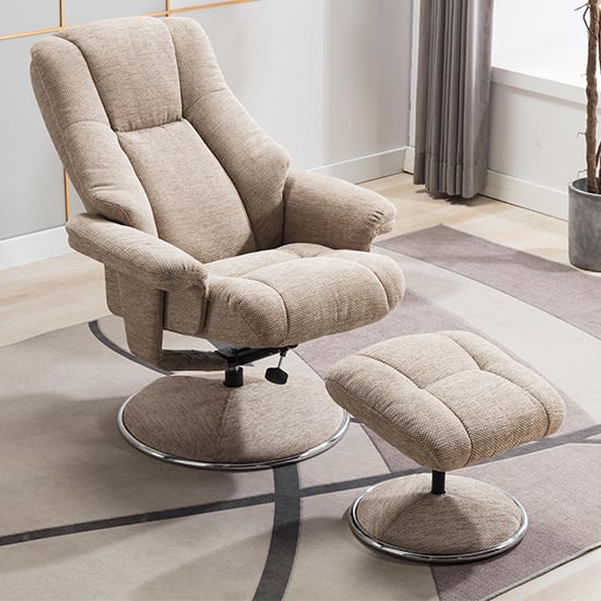 Dollis Fabric Swivel Recliner Chair And Footstool In Biscotti 