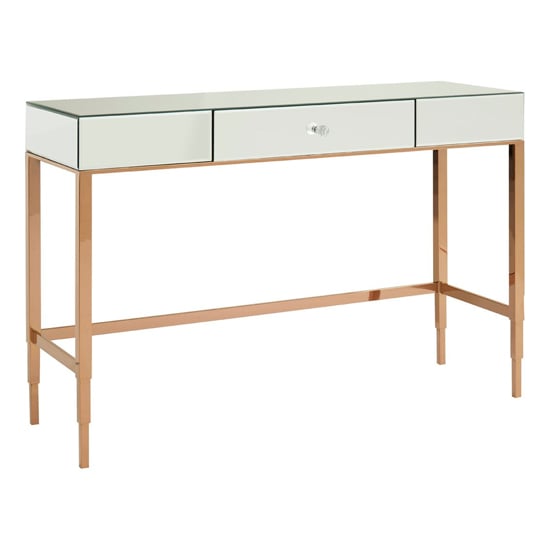 Read more about Dombay mirrored glass console table with 3 drawers in rose gold