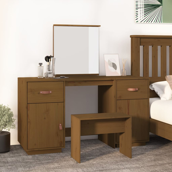 Product photograph of Doria Pine Wood Dressing Table With Mirror In Honey Brown from Furniture in Fashion