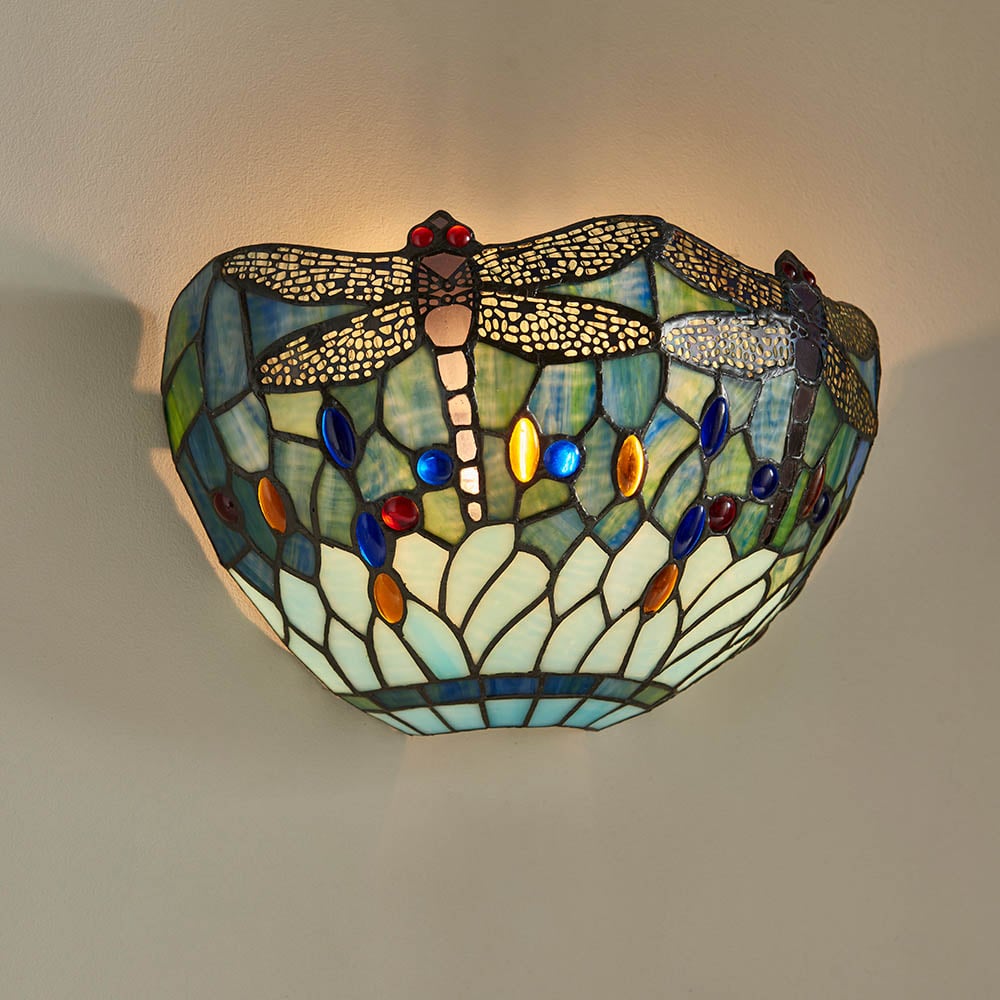 Product photograph of Dragonfly Blue Tiffany Glass Shade Wall Light In Matt Black from Furniture in Fashion