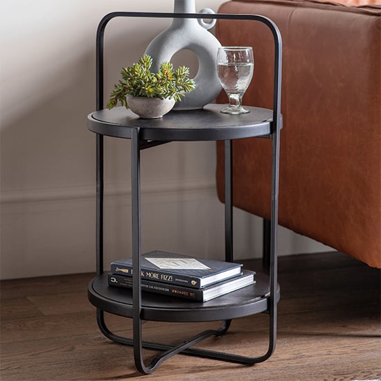 Product photograph of Dudley Round Wooden Side Table With Metal Frame In Black from Furniture in Fashion