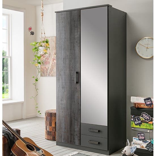 Read more about Duisburg wooden wardrobe in graphite with 1 mirror and 2 drawers